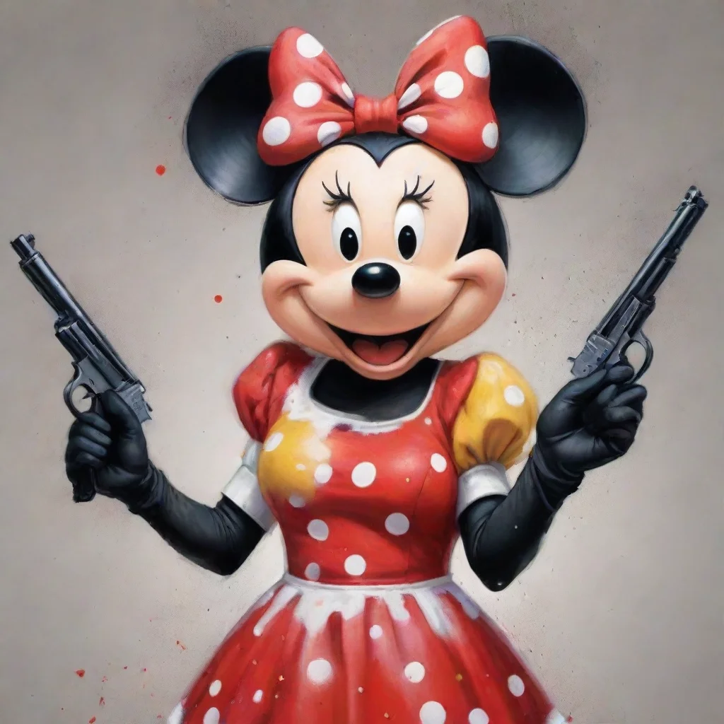 ai amazing illustration minnie mouse from disney with black gloves and gun and mayonnaise splattered everywhere awesome por