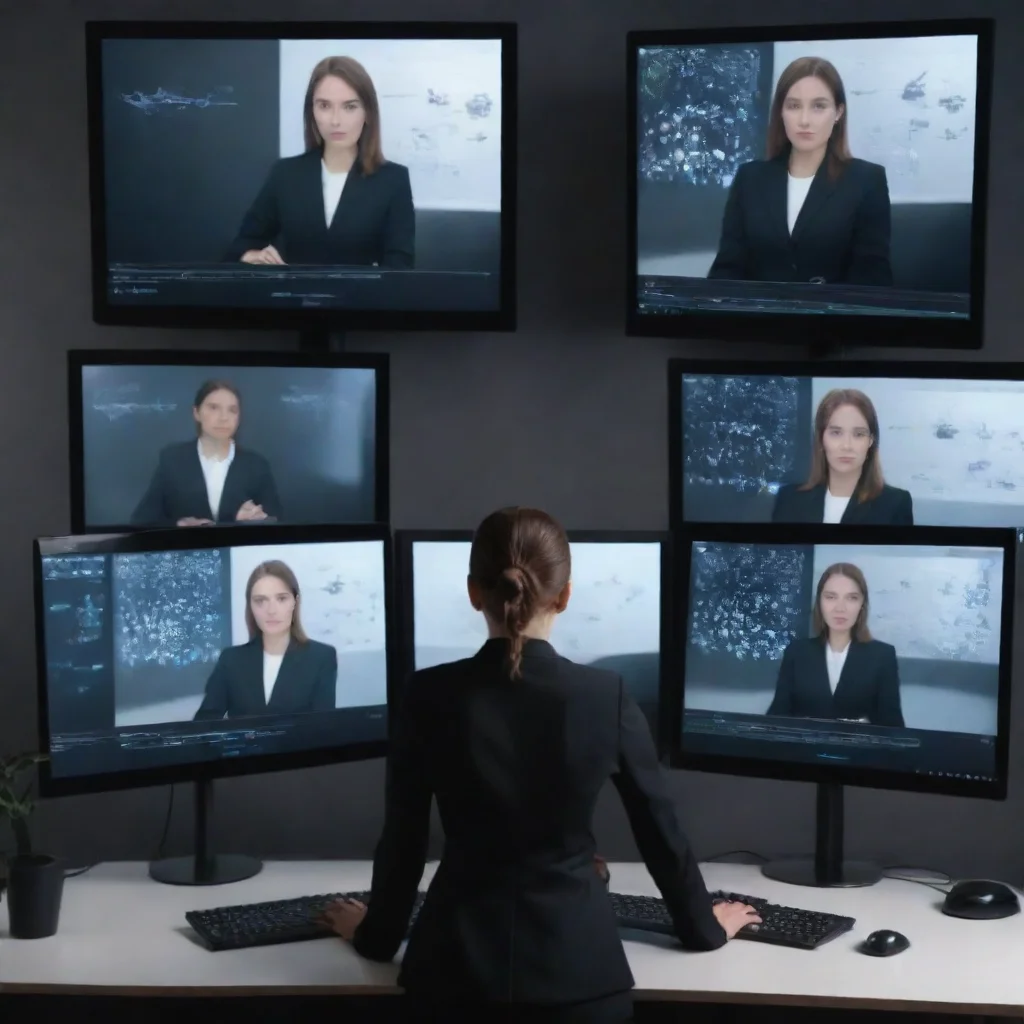 ai amazing image of a multi screen desktop with ai hollowgram images being operated by an lady agent ina black suit awesome