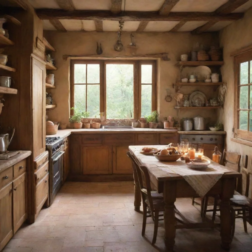 ai amazing imagine a cozyrustic italian kitchen with a candlelit dinner settingthe table is adorned with a warmgolden glow 