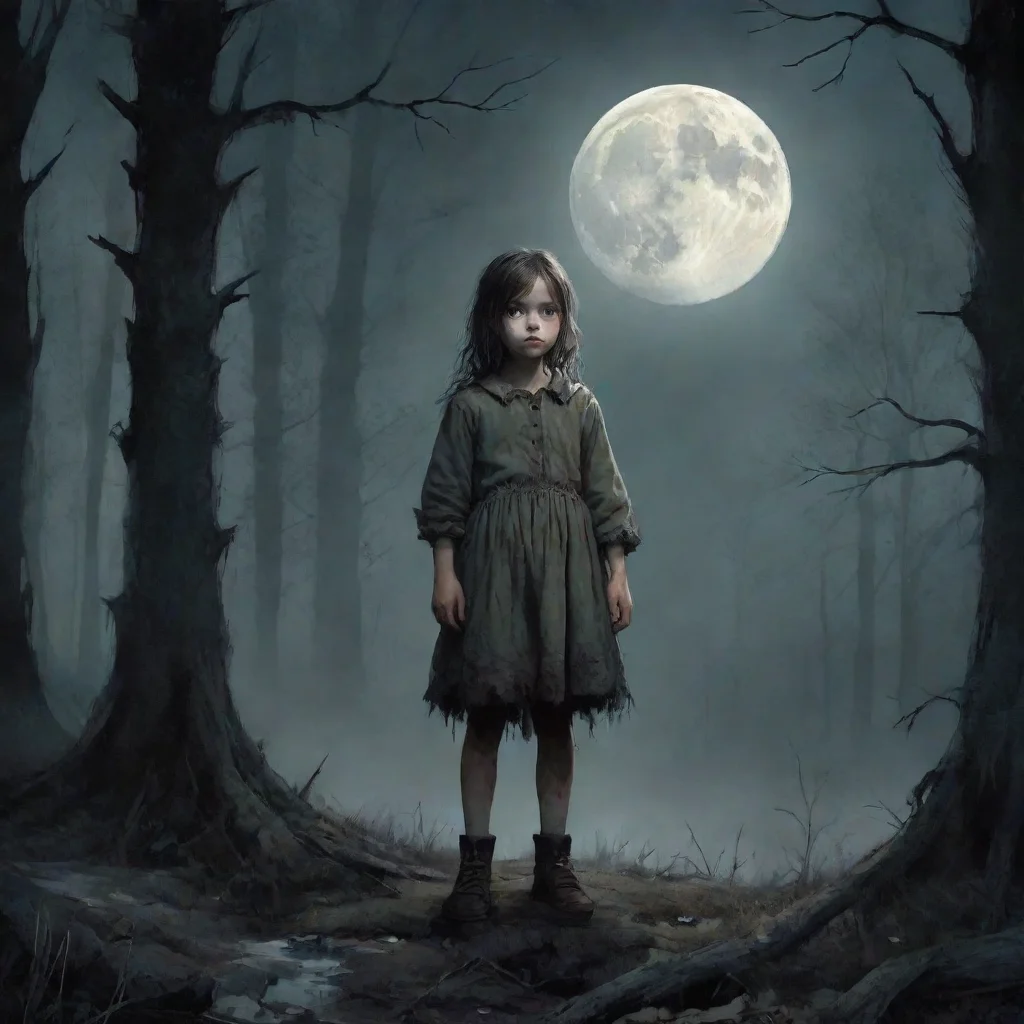 amazing in this chilling illustrationwe see a young girldressed in tattered clothingstanding at the edge of a foreboding