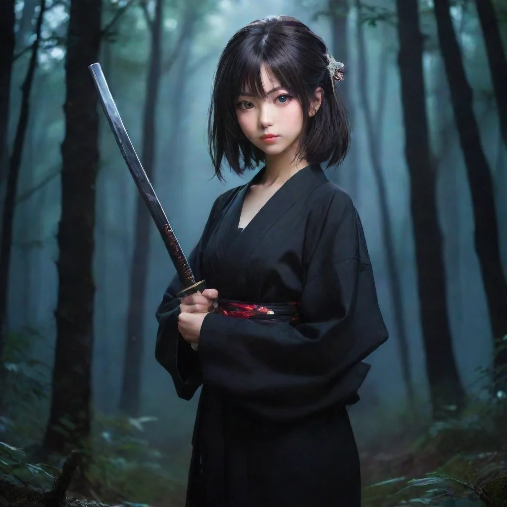  amazing japanese anime girl with katana wearing black yukata night forest background awesome portrait 2