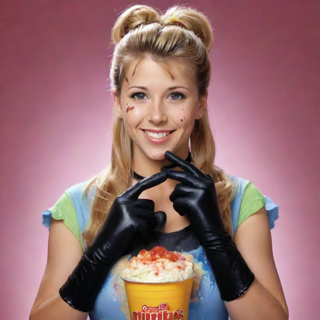 ai amazing jodie sweetin as stephanie tanner from full house smiling with black deluxe nitrile gloves and gun and mayonnais
