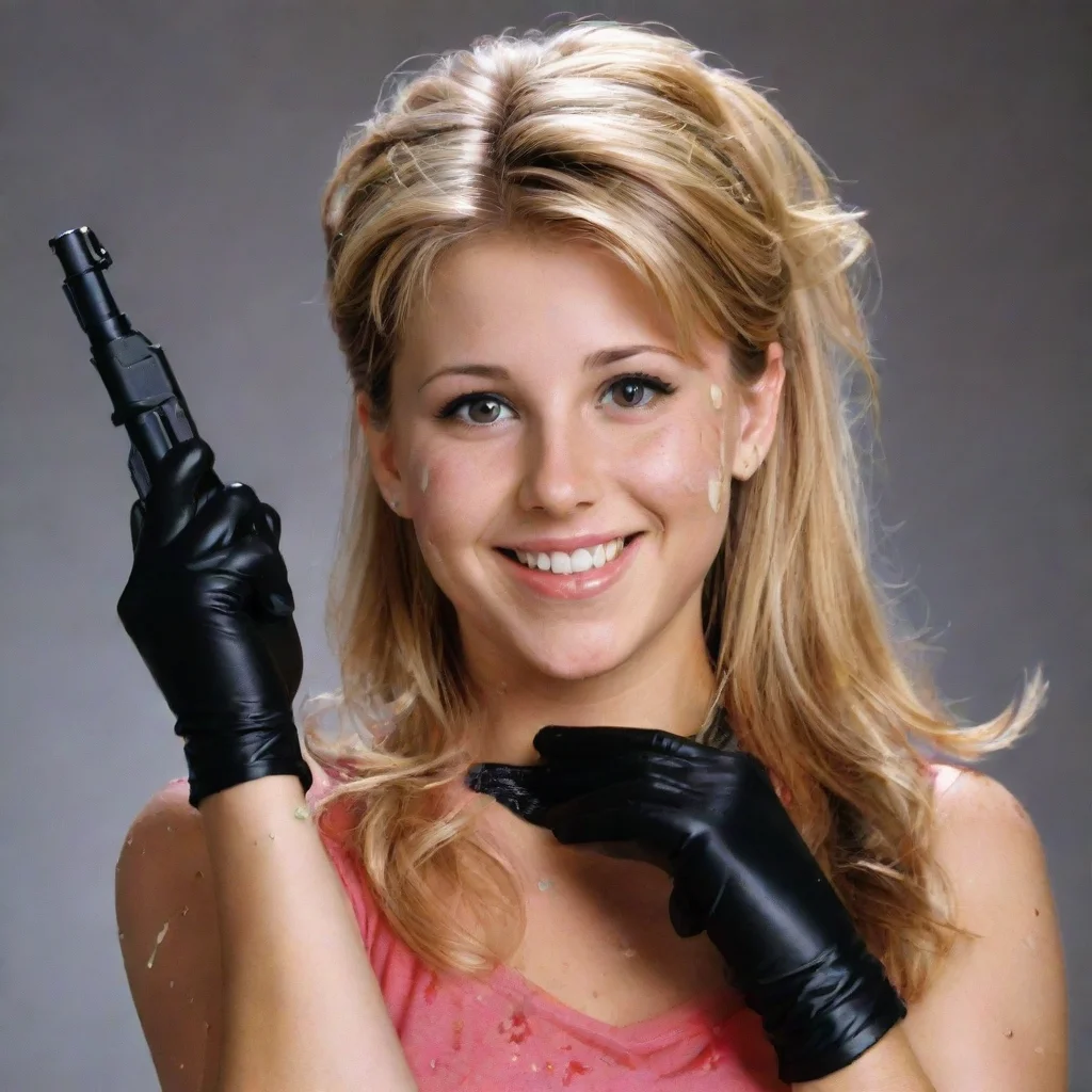 ai amazing jodie sweetin as stephanie tanner from full house smiling with black nitrile gloves and gun and mayonnaise splat