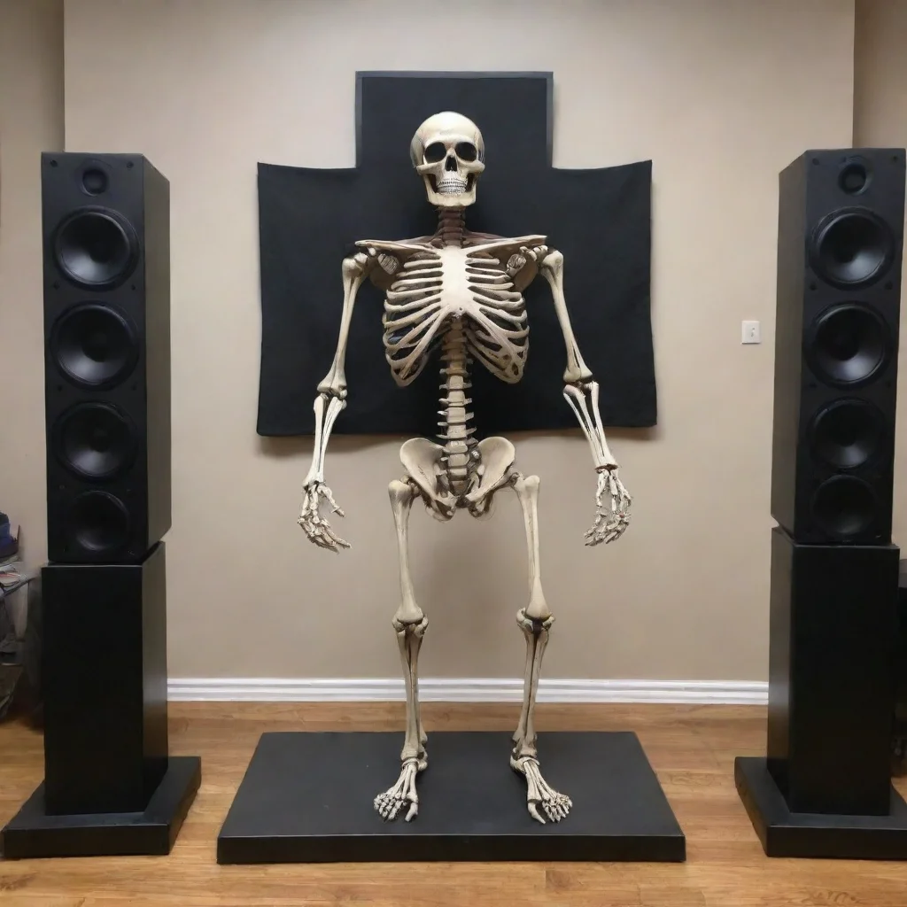 amazing jojo bizarre adventure artificial skeleton stand with black speakers filling in the areas where the bones don t 