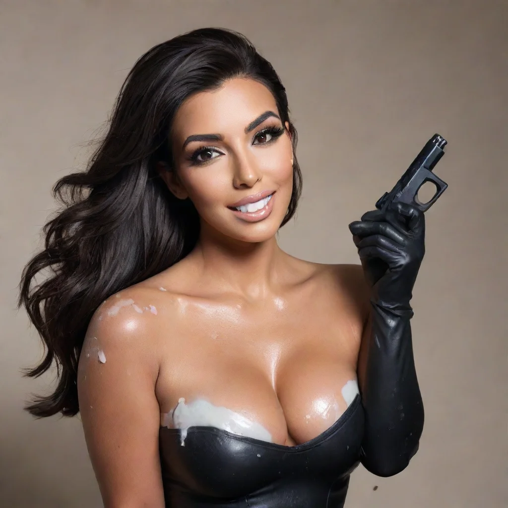 amazing kim kardashiansmilingwith black nitrile gloves and gunandmayonnaise splattered everywhere awesome portrait 2