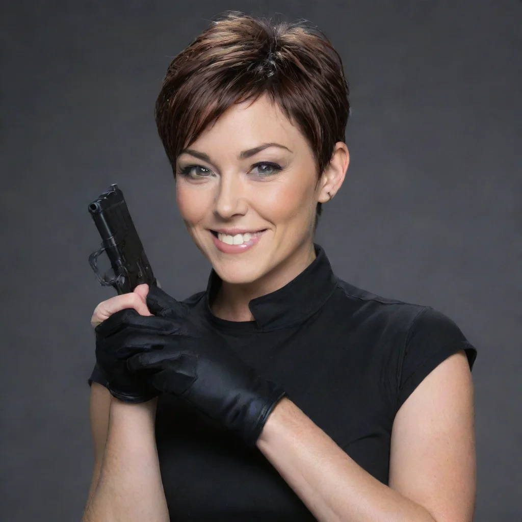 amazing kim rhodes as carey martin smiling with black gloves and gunawesome portrait 2
