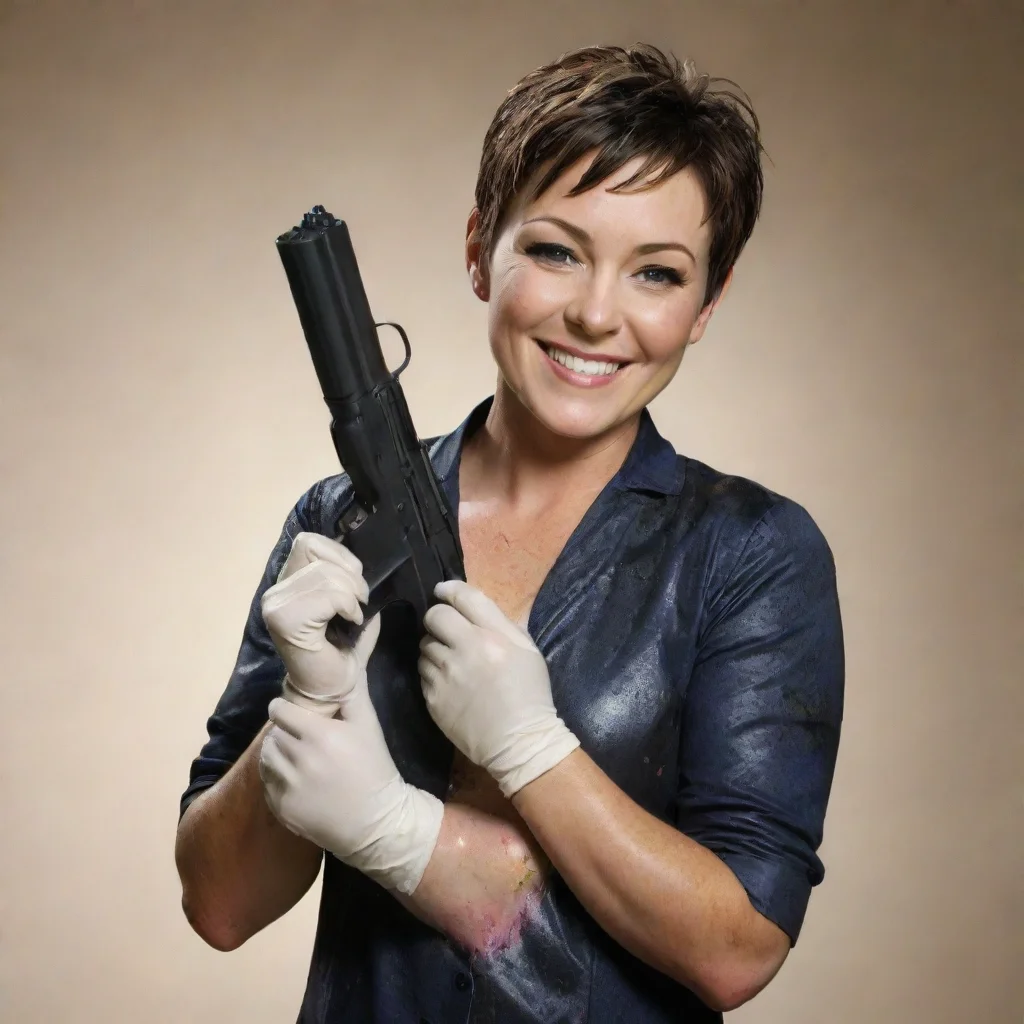 ai amazing kim rhodes as carey martin smiling with nitrile gloves and gun and mayonnaise splattered everywhere awesome port