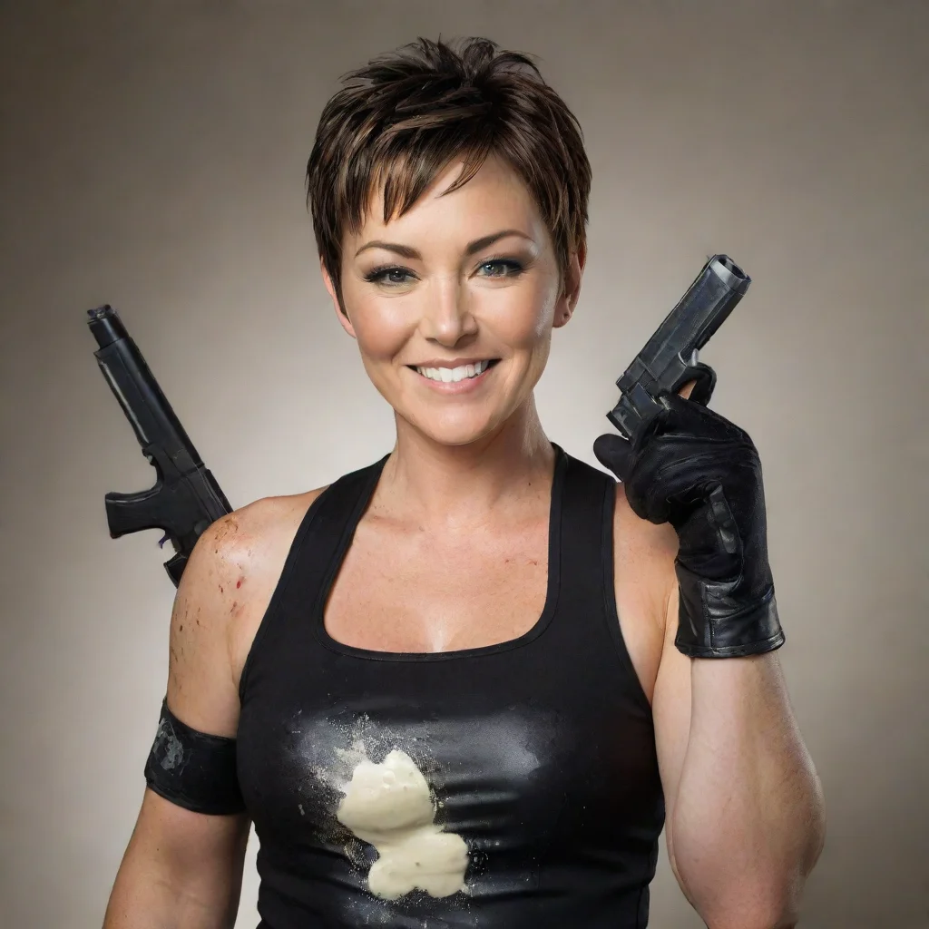 ai amazing kim rhodes smiling with black deluxe gloves and gun and mayonnaise splattered everywhere awesome portrait 2