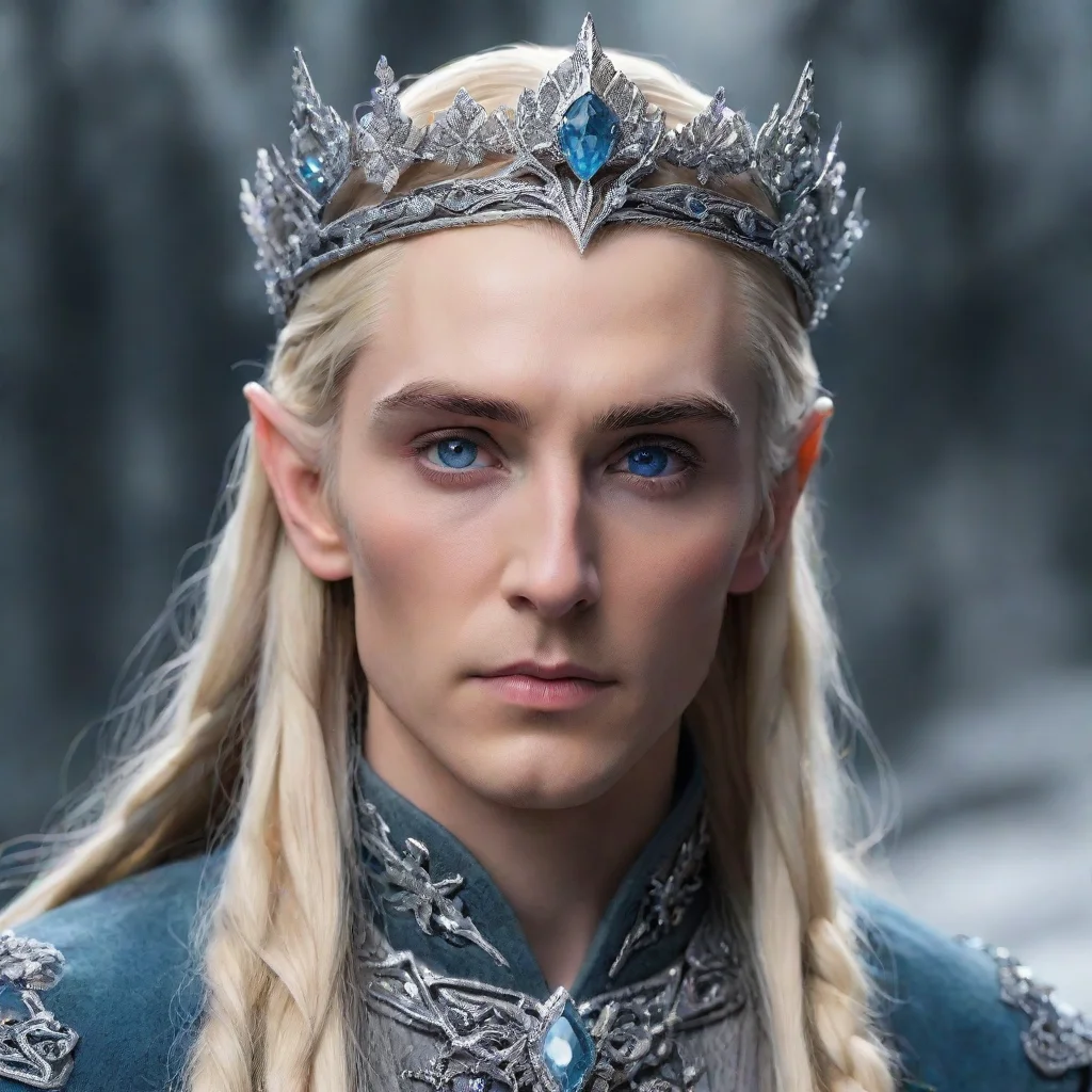 ai amazing king thranduil with blond hair and braids wearing silver flowers encrusted with diamonds to form a silver elvish