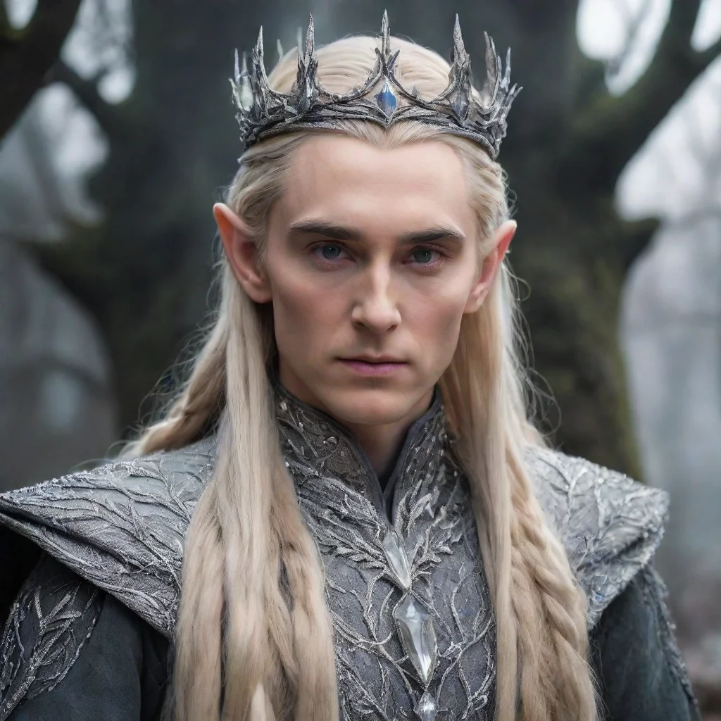 ai amazing king thranduil with blond hair and braids wearing silver twigs encrusted with diamonds forming a silver elvish c