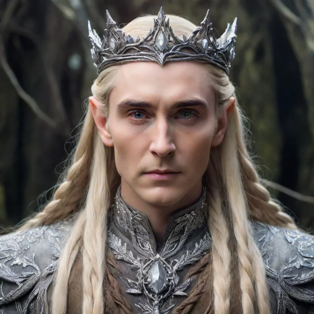 ai amazing king thranduil with blond hair and braids wearing silver vines encrusted with diamonds forming a silver wood elv