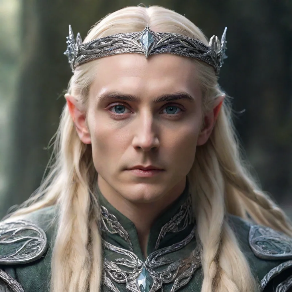 amazing king thranduil with blond hair and braids wearing small silver serpentine elvish circlet with large center diamo