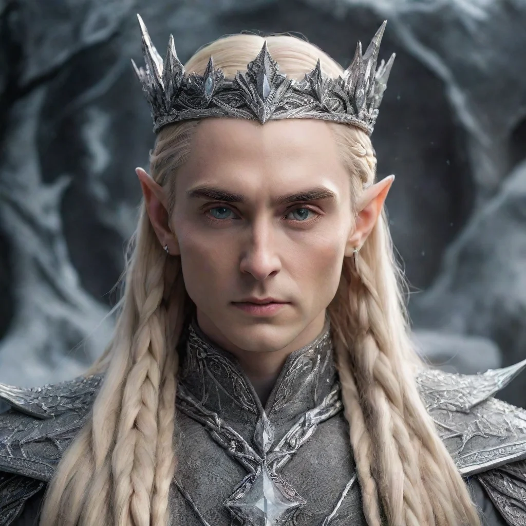  amazing king thranduil with blonde hair and braids wearing silver elk figurines encrusted with diamonds forming a silver