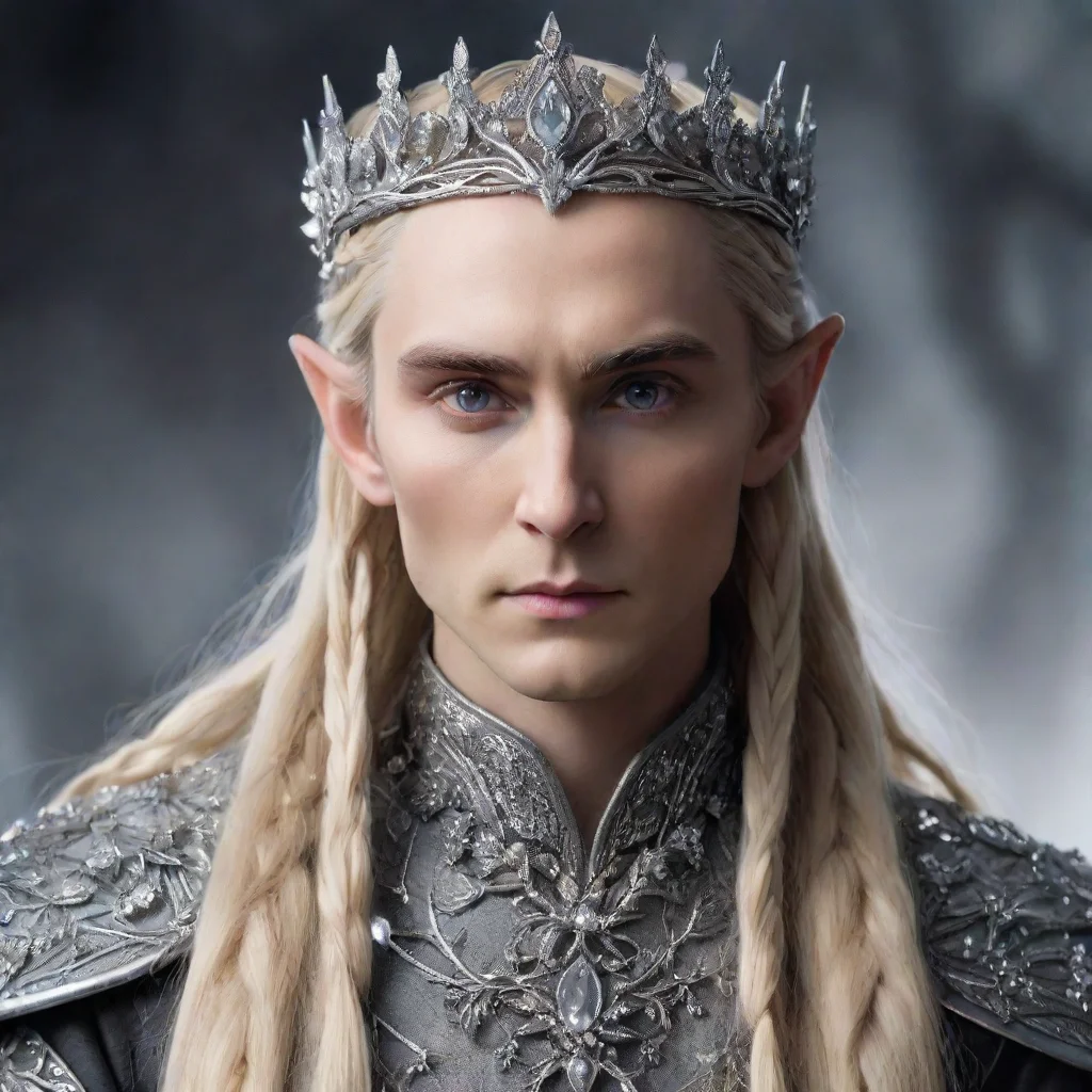 ai amazing king thranduil with blonde hair and braids wearing silver flowers encrusted with diamonds to form a silver elvis