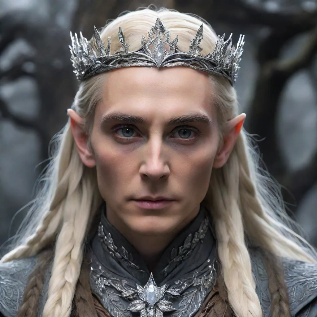 ai amazing king thranduil with blonde hair and braids wearing silver oak leaves encrusted with diamonds to form a silver si