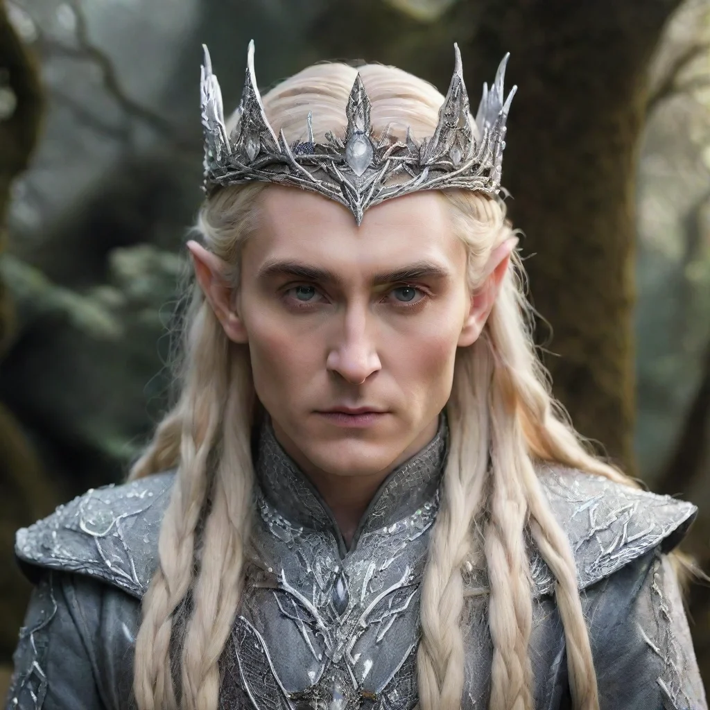  amazing king thranduil with blonde hair and braids wearing silver twig and silver leaf encrusted with diamonds to form a