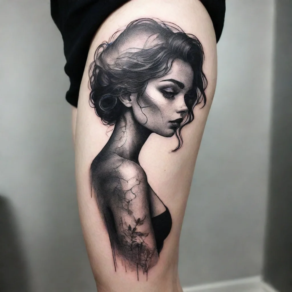  amazing lady silhouette fine lines black and white tattoo awesome portrait 2
