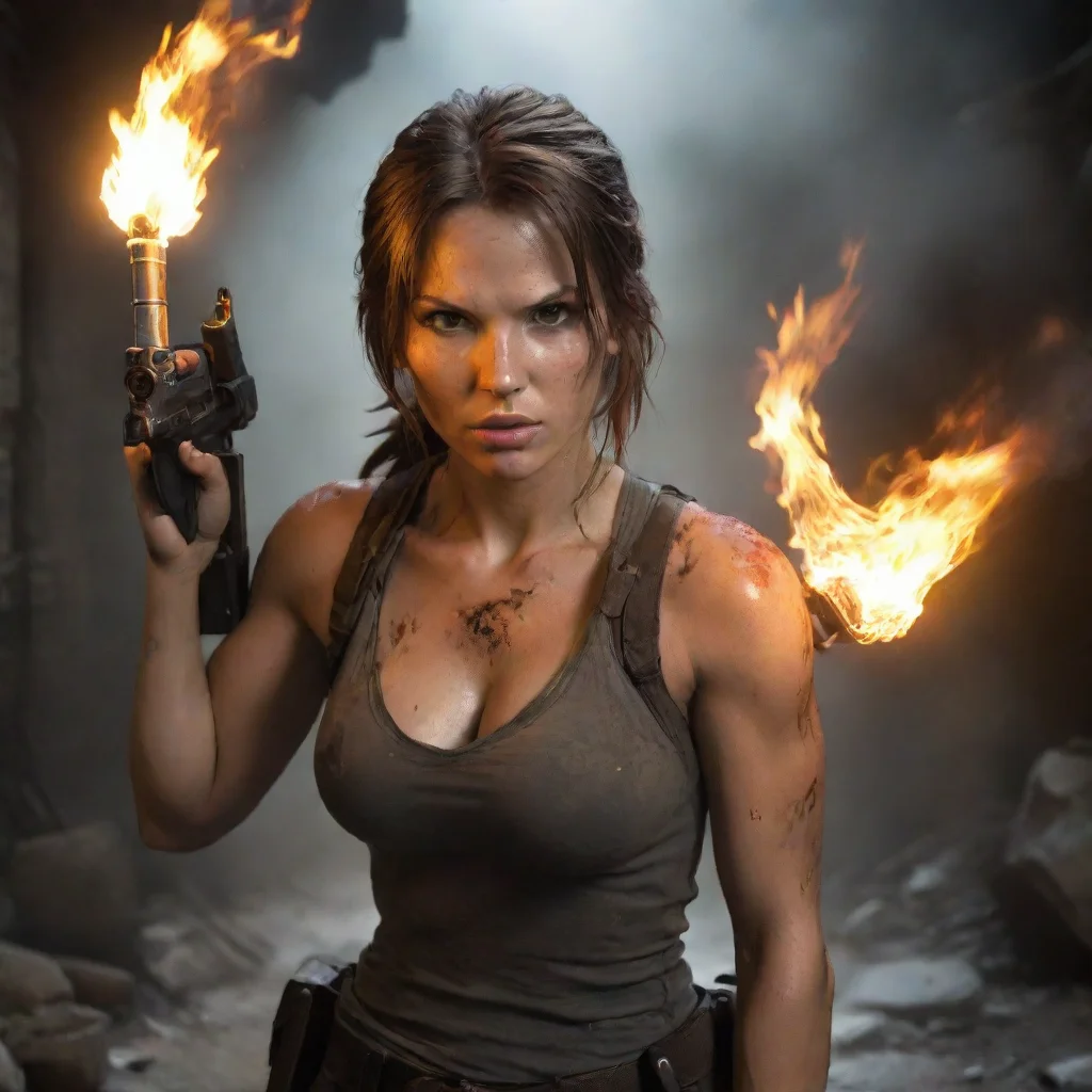 ai amazing lara croft with a flame thrower awesome portrait 2