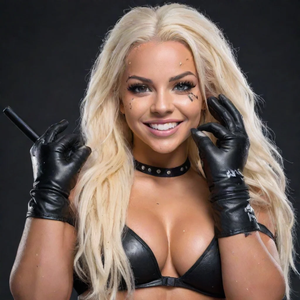 ai amazing liv morgan wwe smiling with black deluxe gloves and gun and mayonnaise splattered everywhere awesome portrait 2