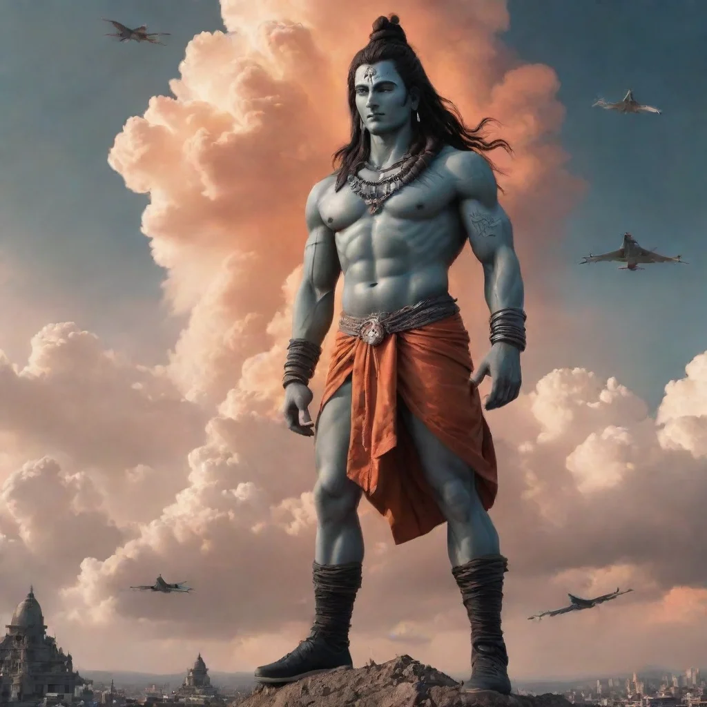 ai amazing lord shiva wearing air jordan shoes orange clouds in the background post dystopia fighter jets in the sky 8k awe