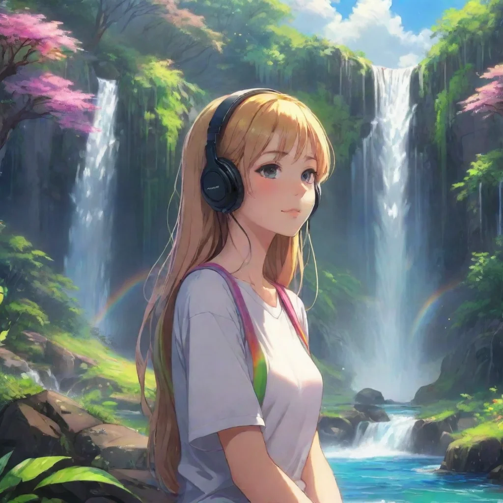  amazing lowfi relaxing calming chill girl with headphones on colorful chilling relaxing with lush wonderful environment 