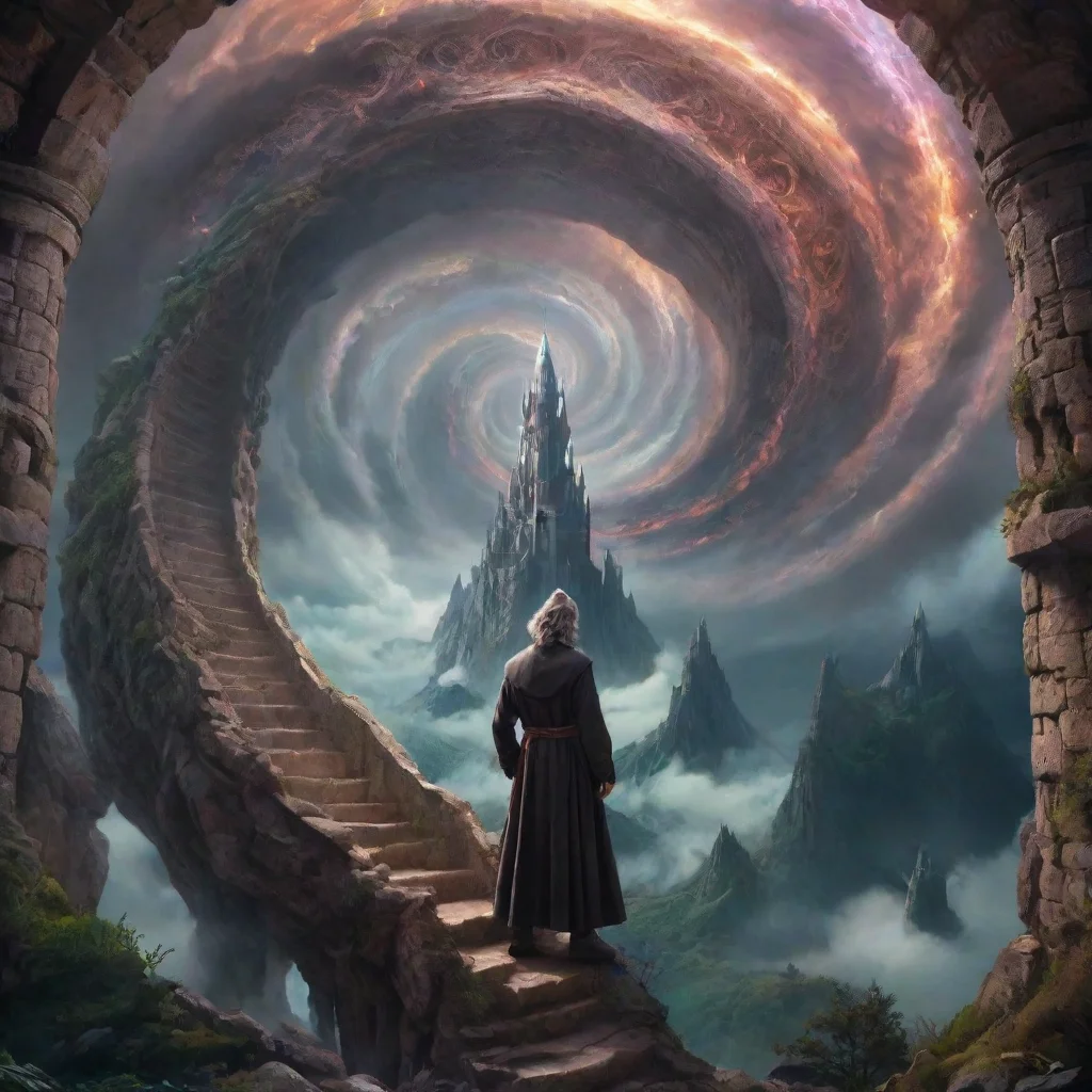  amazing magical world with a wizard looking a spiraling impossible tower hd aesthetic omg awesome portrait 2 wide