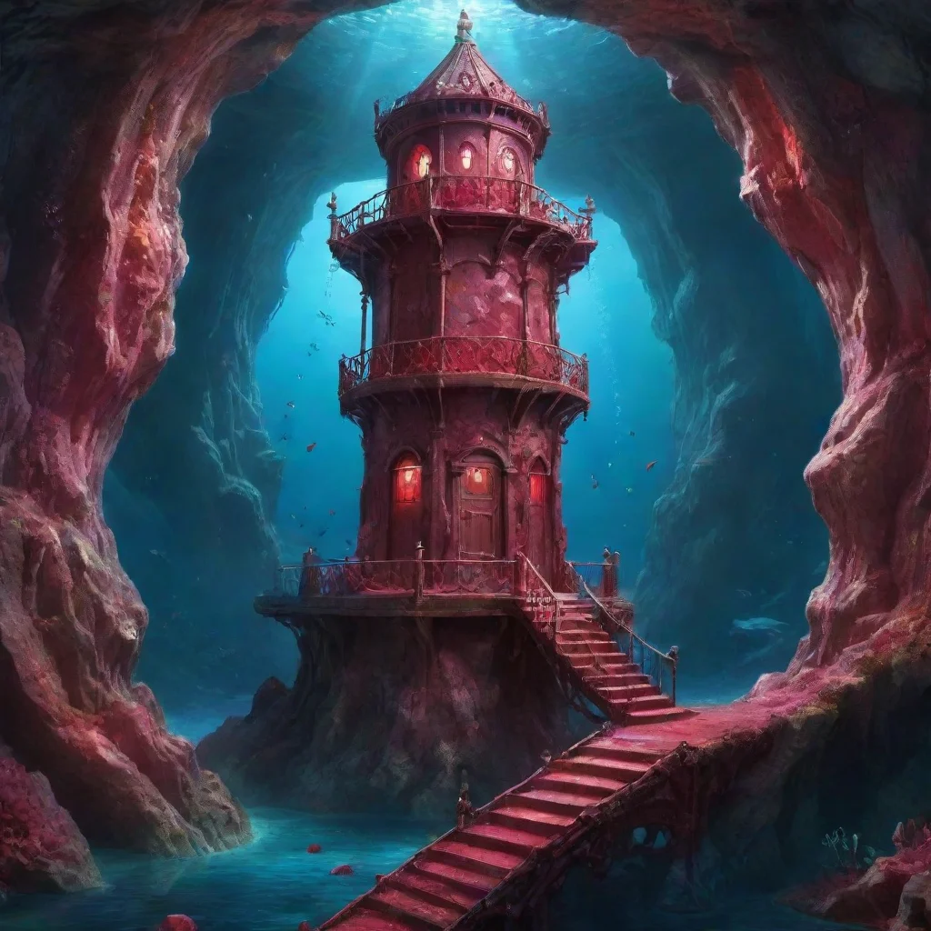 ai amazing magnificent fantasy watch tower inside ruby crystal in an undersea subterranean landscape highly detailed intric