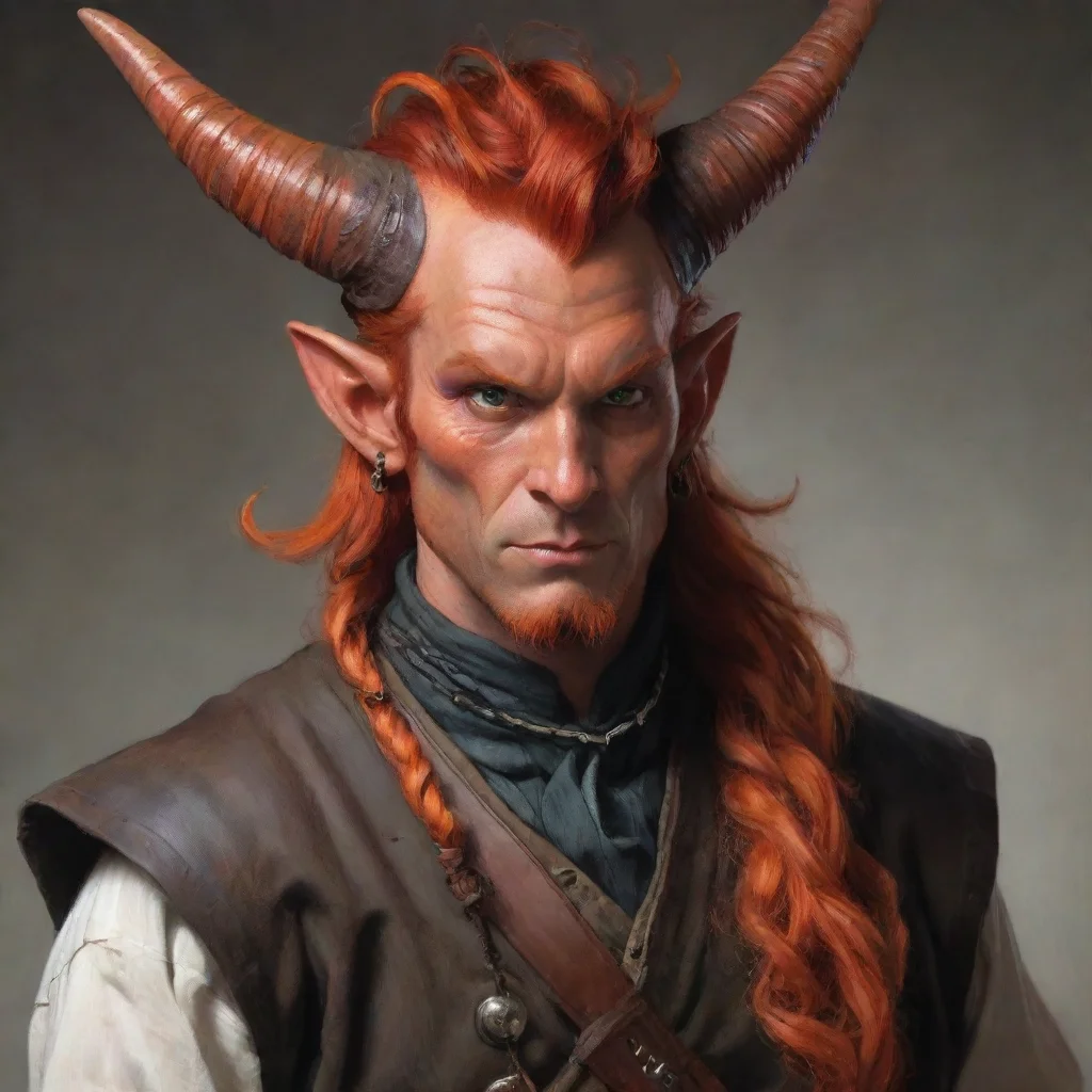ai amazing male red skinned tiefling with an orange mohawkorange muttonchopslarge hornsand a nose ringwearing a bridle and 