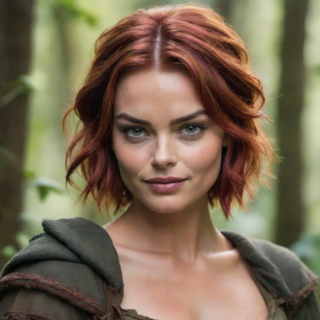  amazing margot robbie as a druid rogue dnd short red hair beautiful petite symmetrical face smirking mischiev awesome po