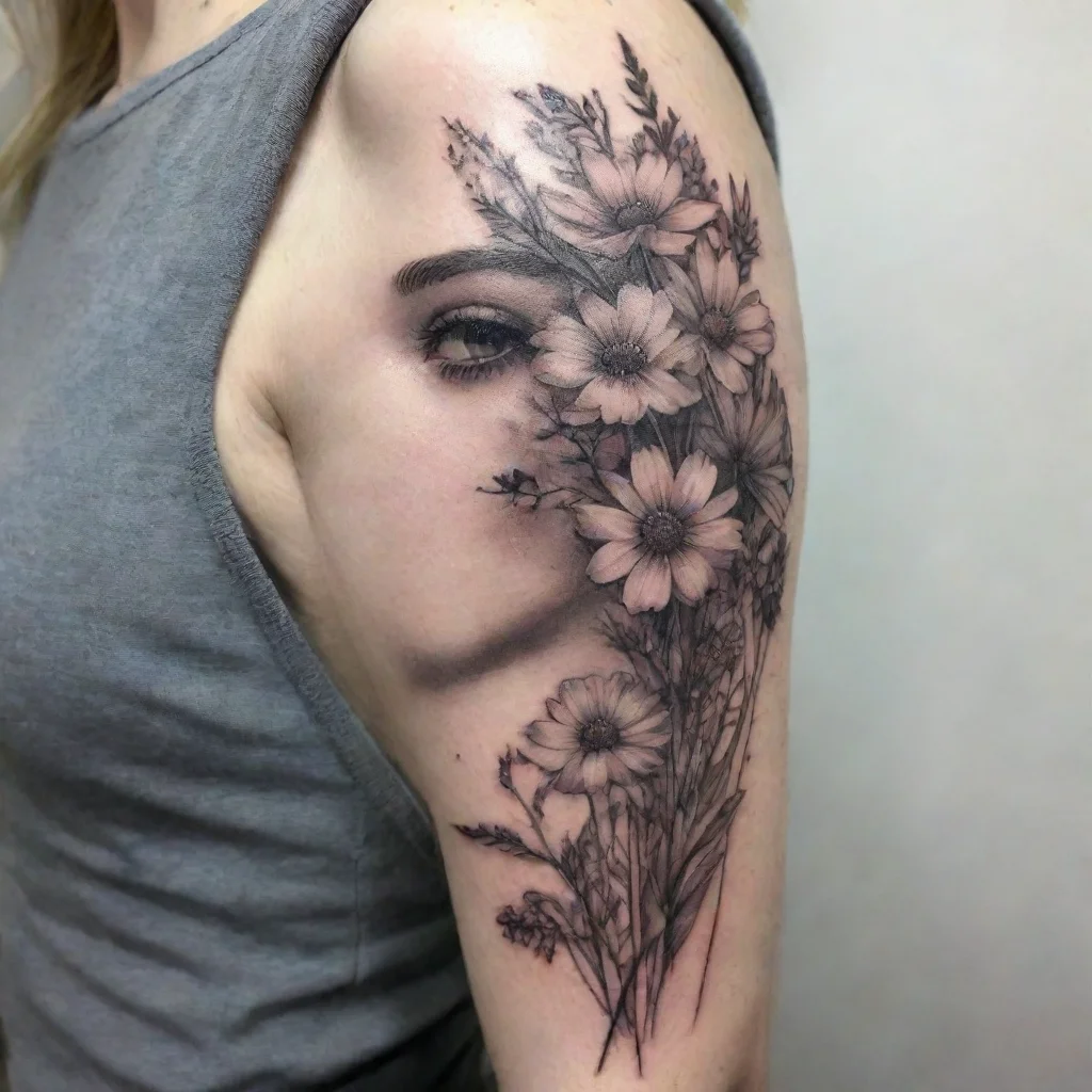 amazing meadow flowers fine line black and white tattoo awesome portrait 2