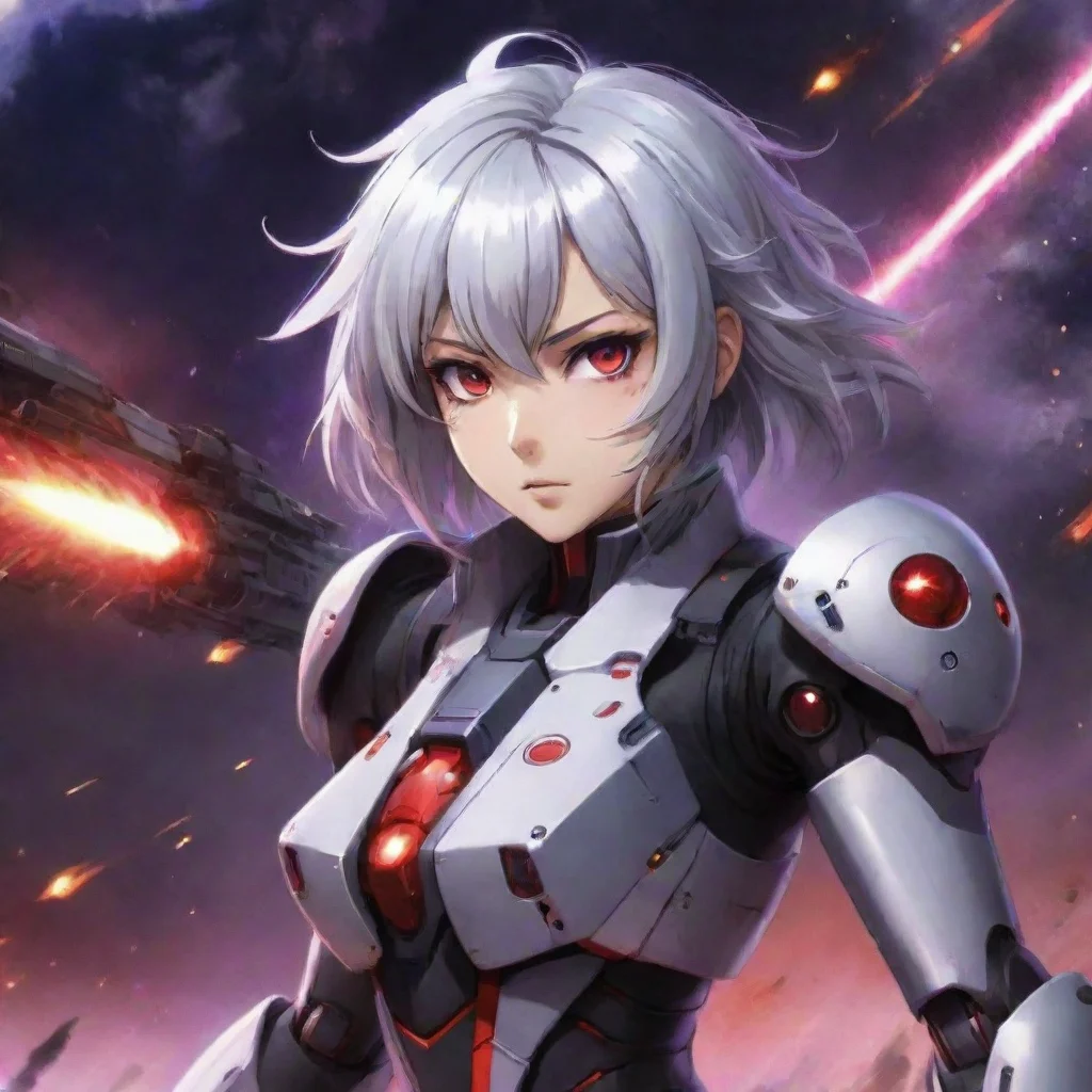 ai amazing mecha pilot purple red eyes short silver hair anime space background battlecruiser lasers explosions fighting aw
