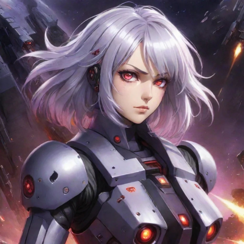 ai amazing mecha pilot purple red eyes shorter silver hair anime space background lasers explosions battlecruiser awesome p