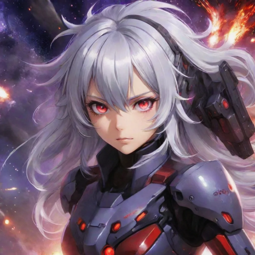 ai amazing mecha pilot purple red eyes silver hair anime space background explosions awesome portrait 2