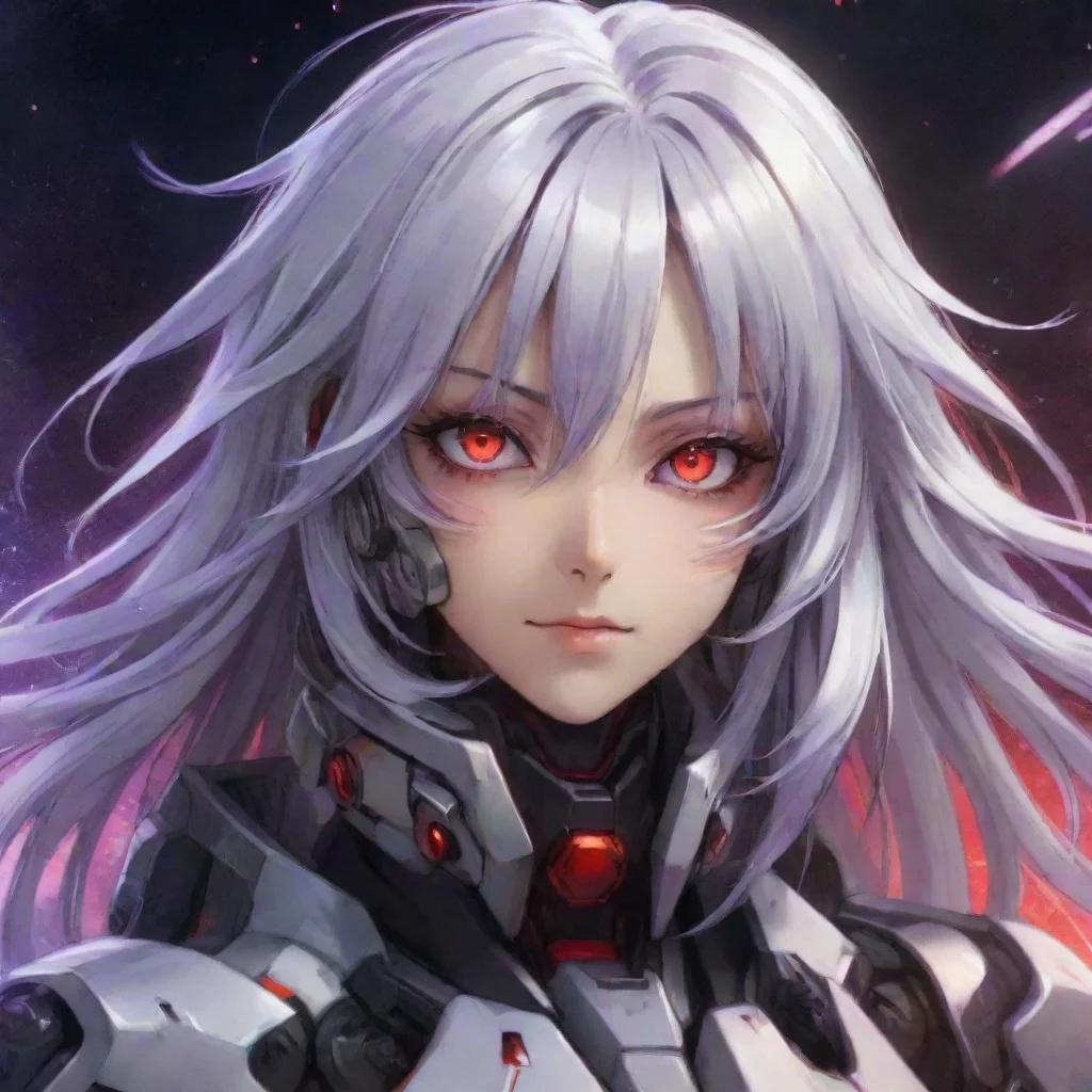 ai amazing mecha pilot purple red eyes silver hair anime space background lasers awesome portrait 2