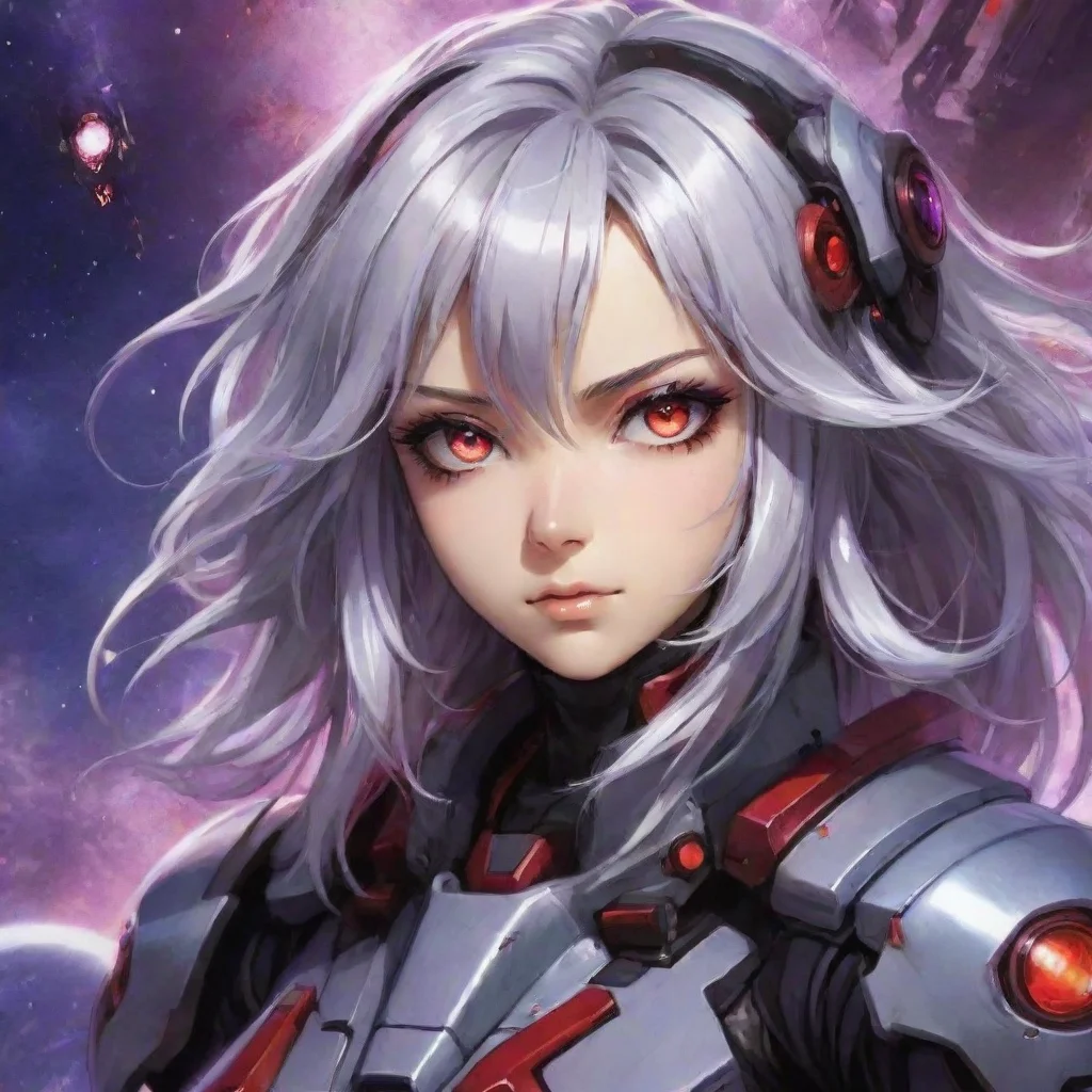 ai amazing mecha pilot red purple eyes silver hair anime space background awesome portrait 2