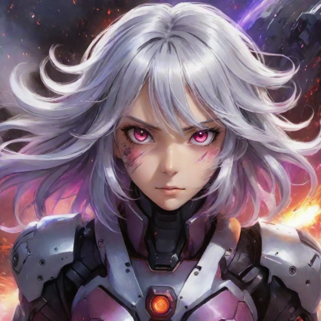 ai amazing mecha pilot red purple eyes silver hair anime space background explosions awesome portrait 2
