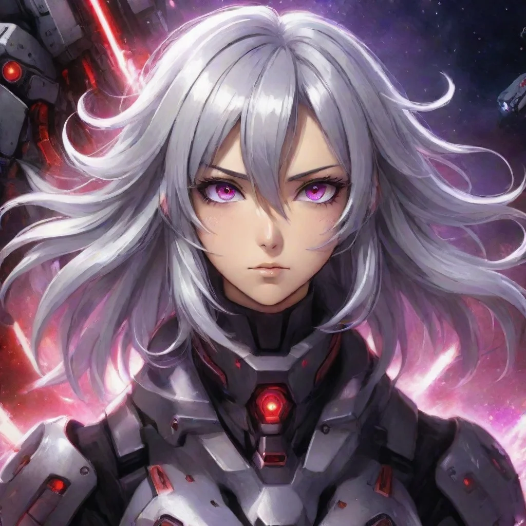 amazing mecha pilot red purple eyes silver hair anime space background lasers explosions awesome portrait 2