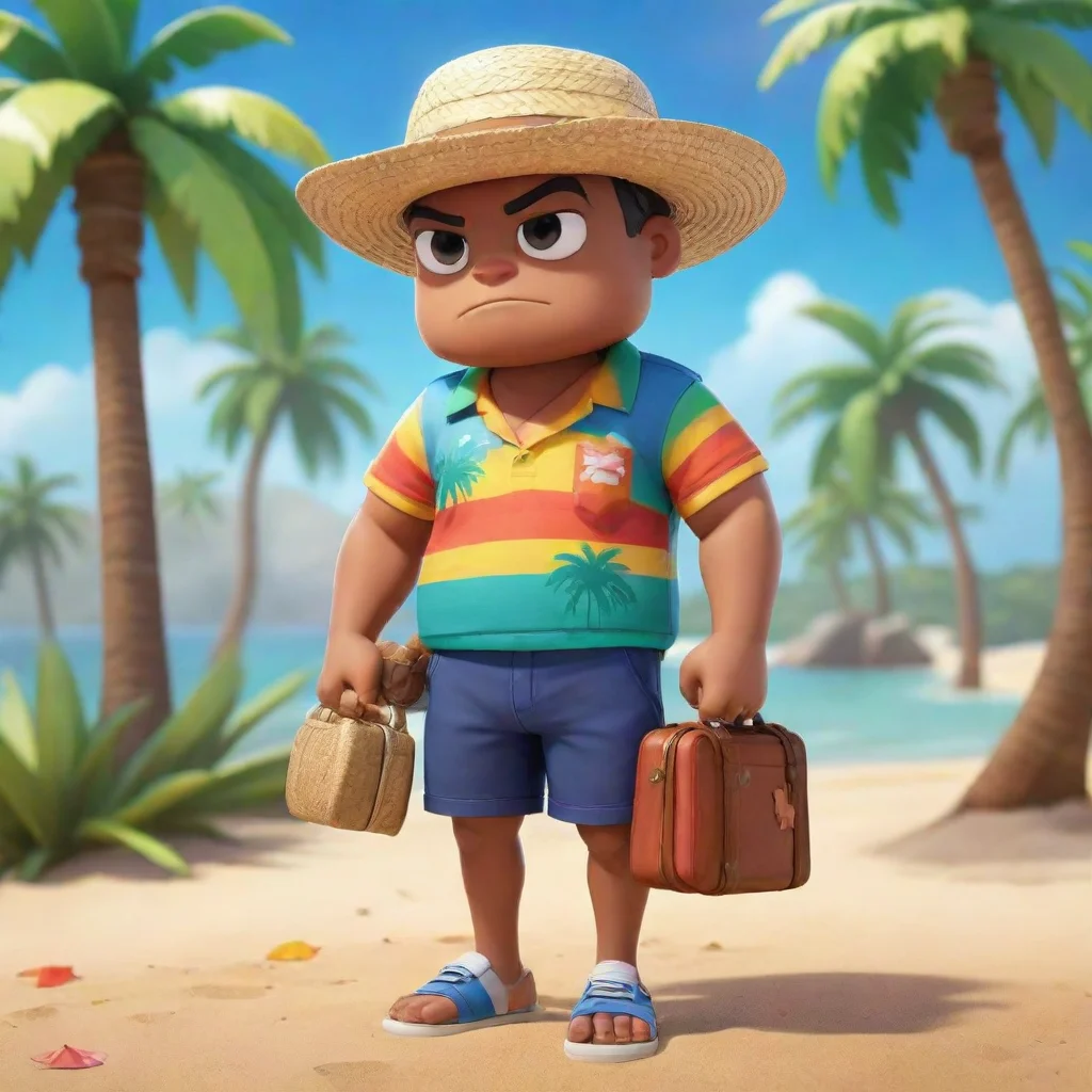  amazing mr p from brawl stars is wearing a colorful polo shirt with a beach motifshort shorts and a straw hathis suitcas