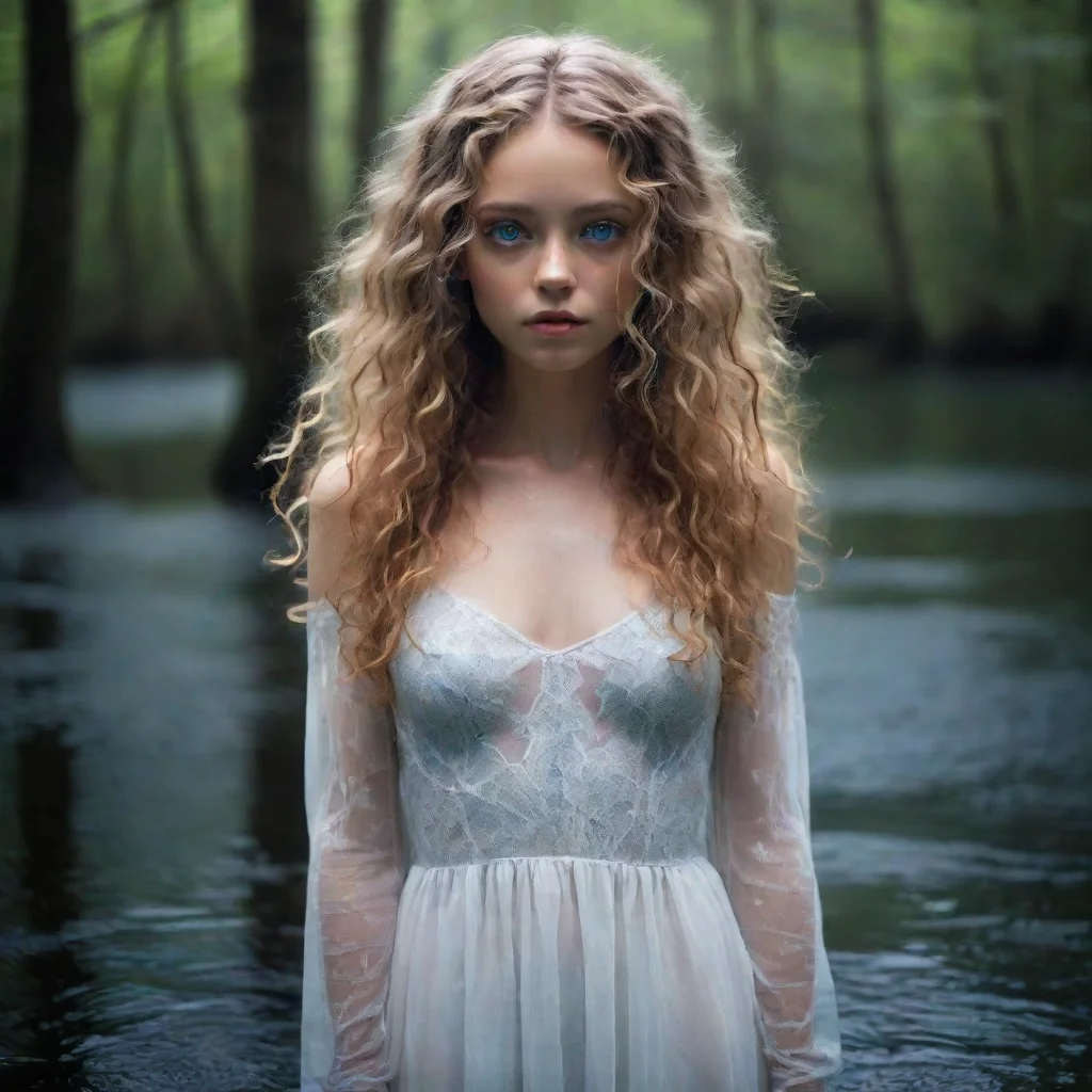  amazing mysterious girl in a sheer white dressstanding in a dark uncanny forest lakedark blonde curly hair almost coveri