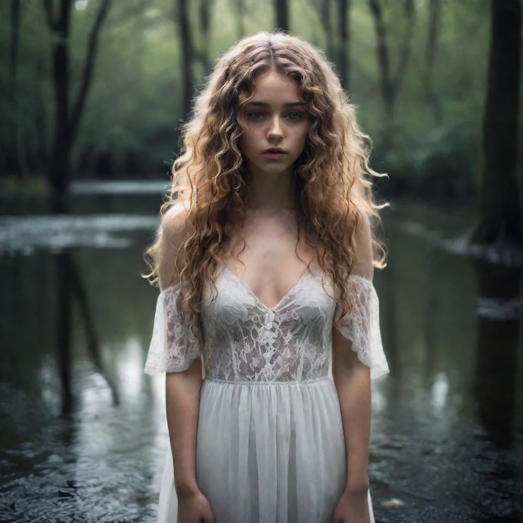 ai amazing mysterious sad depressed girl in a sheer white dressstanding in a dark uncanny forest lakedark blonde curly hair