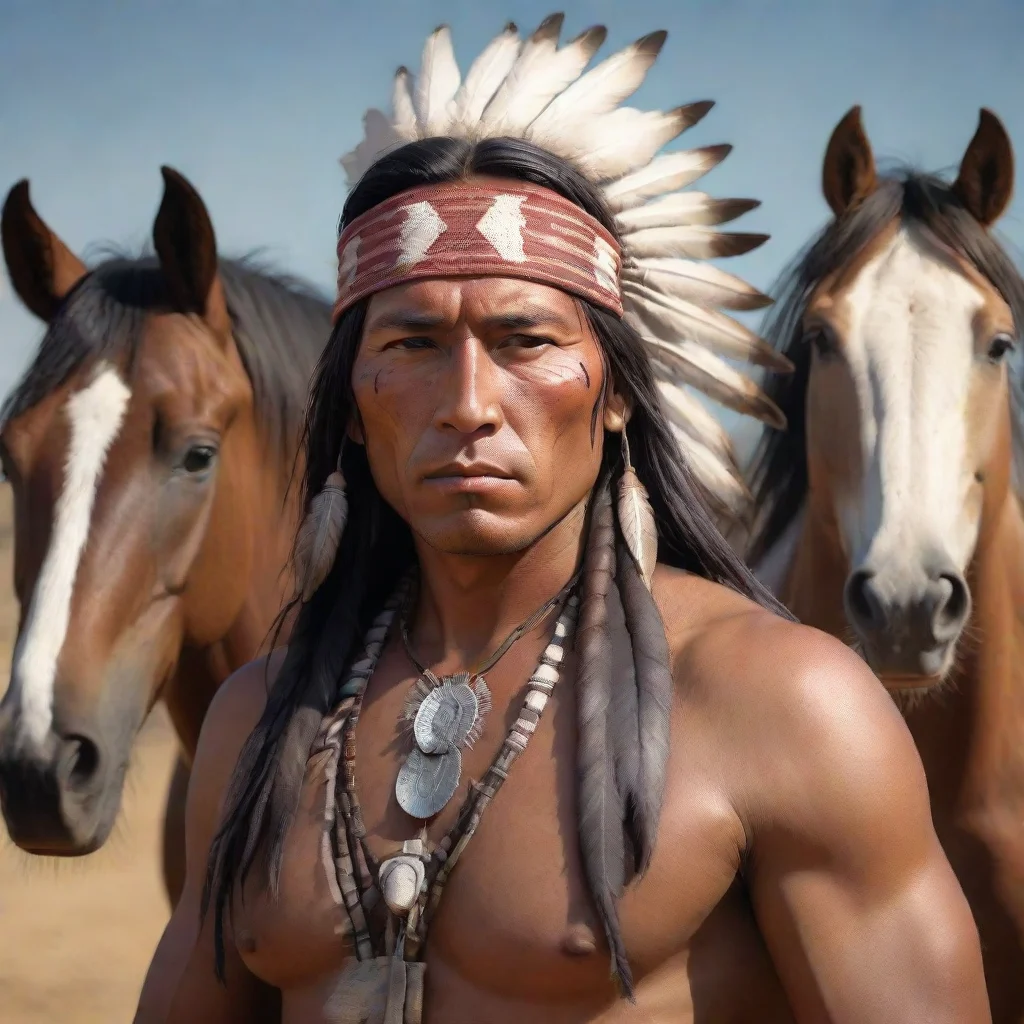  amazing native american man portrait in 3d digital art with mustang horses in the backgroundchange face anime awesome po