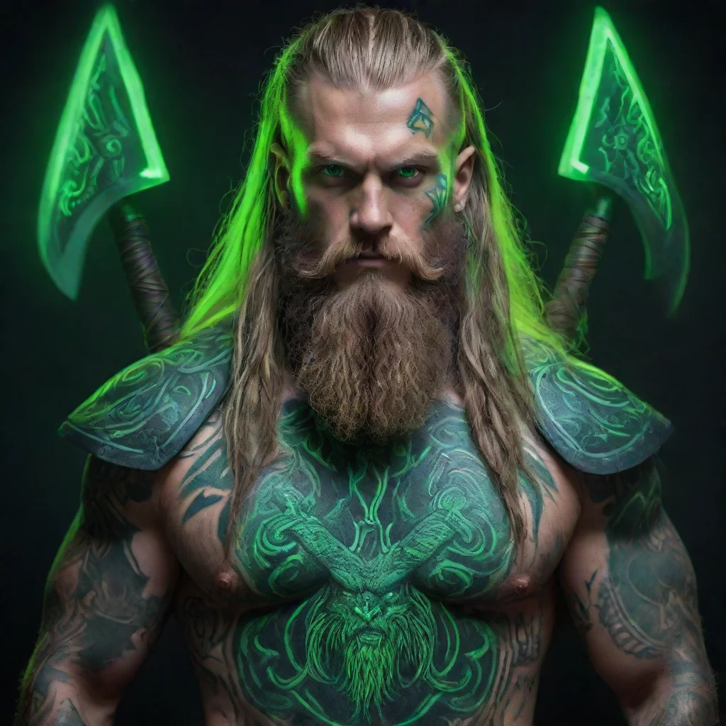 ai amazing neon tattooed cyberpunk viking double axe wild beard long hair matrix green awesome portrait 2 wide