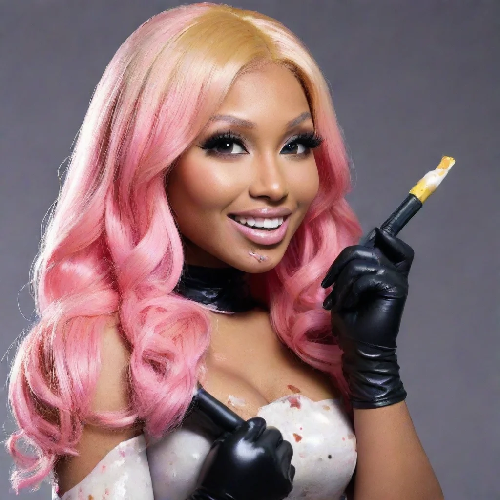ai amazing nicki minaj smiling with black deluxe nitrilegloves and gun and mayonnaise splattered everywhere awesome portrai