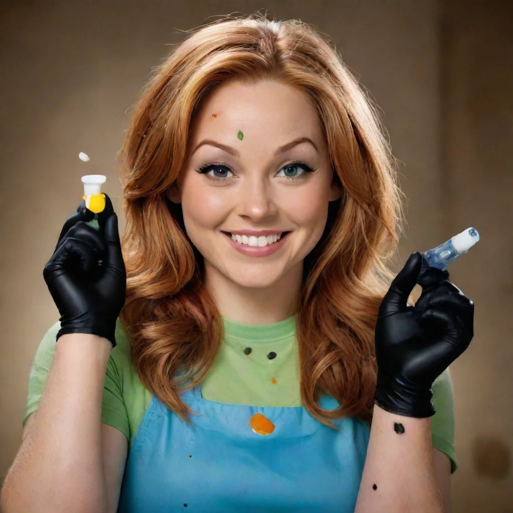 ai amazing nicole sullivan from kim possiblesmiling with black nitrile gloves and gun and mayonnaise splattered everywhere 