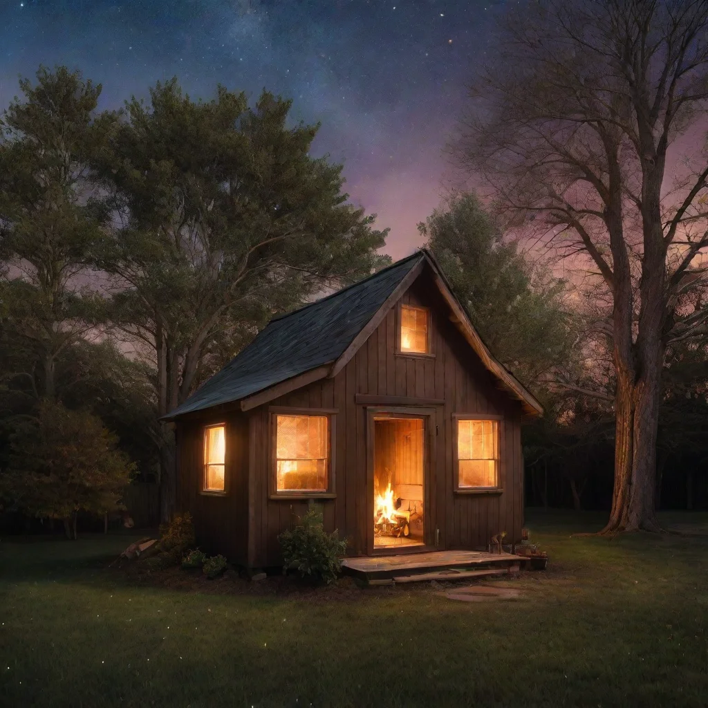  amazing night time shed with stars and trees with a warm glow from the windows and a smoking firemagical and hyper reali