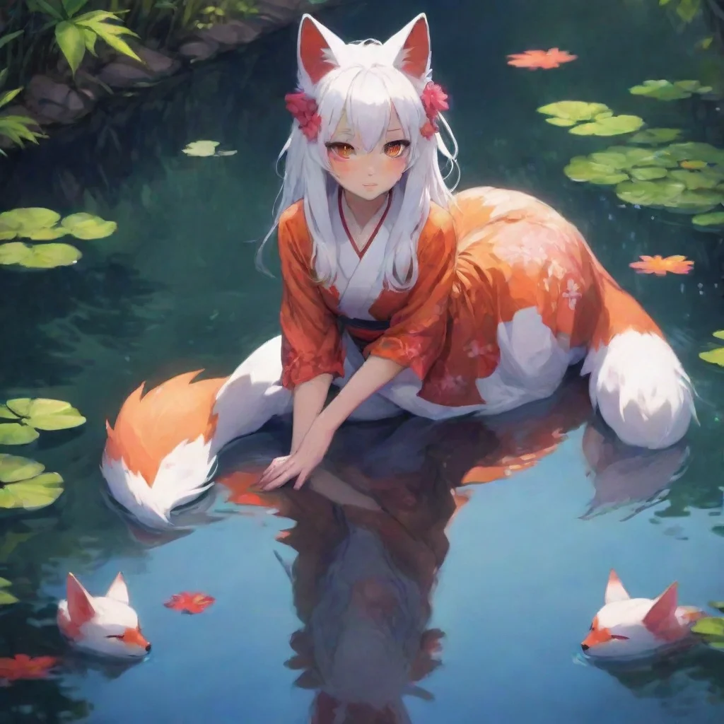 ai amazing nostalgic colorful yandere kitsune as you lean over the pond you catch a glimpse of your reflection in the calm 