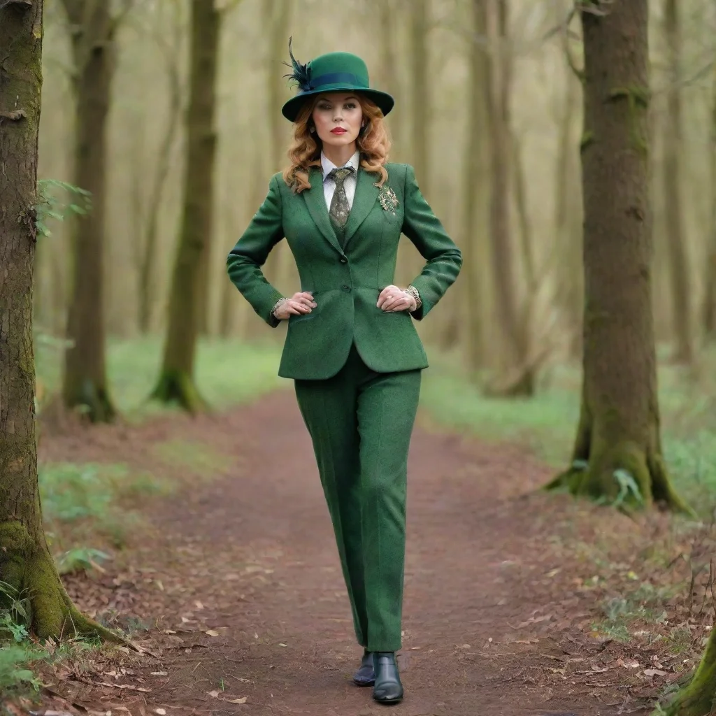  amazing older dominant aristocrat madame in a green elegant tweed trouser suitwith a blouse and tie and a hunters hat wi