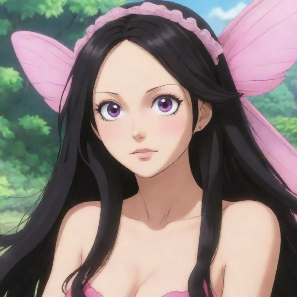  amazing one piece screencap of a female fairy but in human formshe has black pink eyeslong wavy black hairpale skina fac