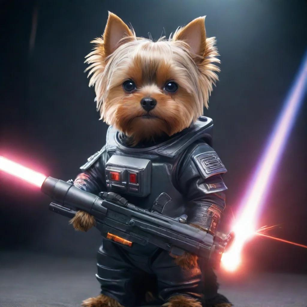 amazing one yorkshire terrier in a cyberpunk space suit firing big weapon laser confident awesome portrait 2
