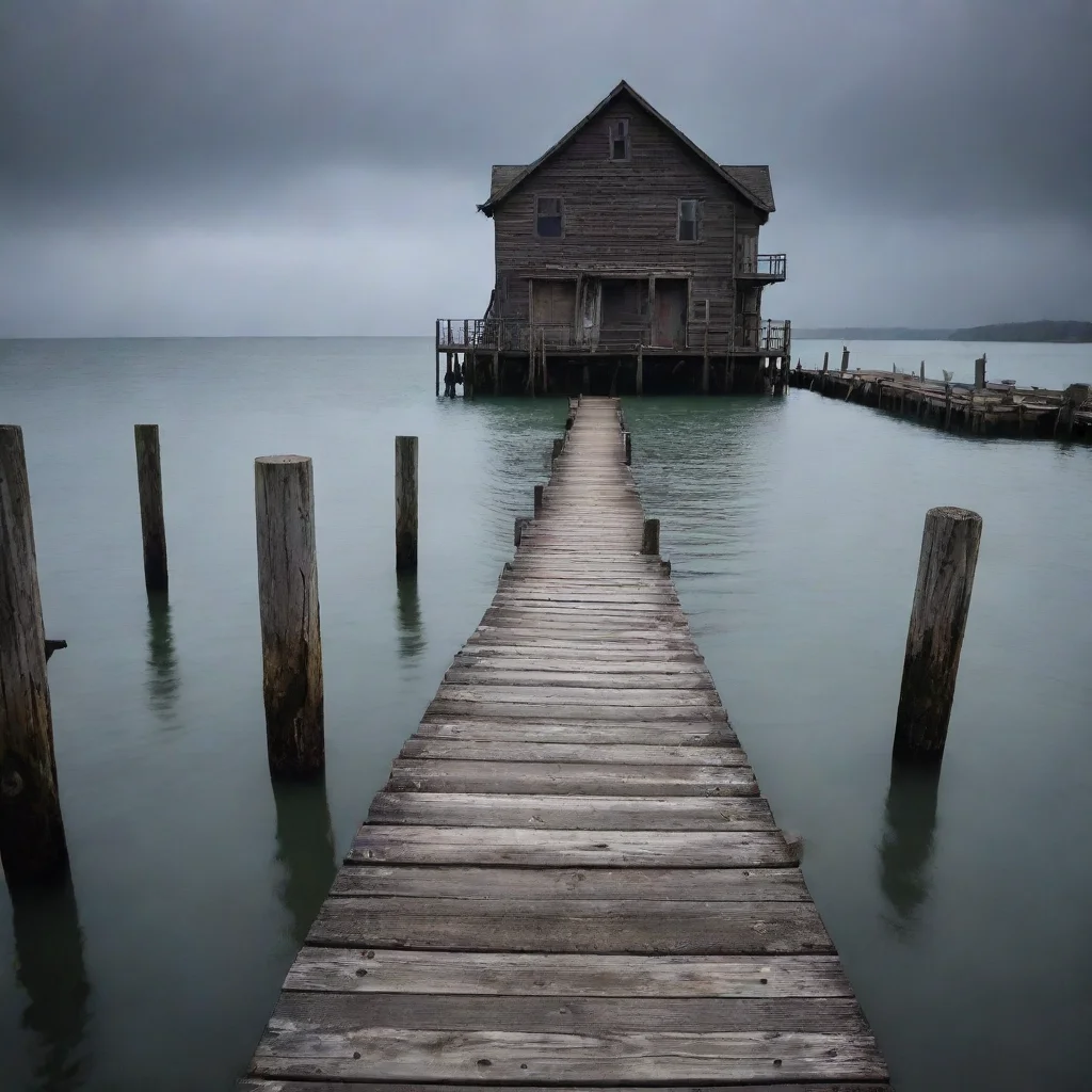 ai amazing out at sea nearing a rundown wooden townrundown dock shore hd spooky figure in distance awesome portrait 2